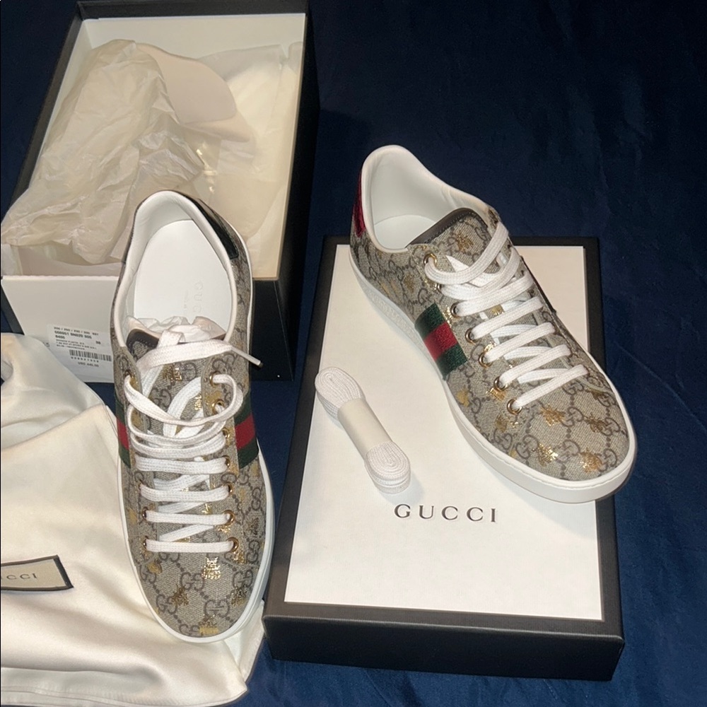Gucci Monogram Sneakers with Red and Green Accents